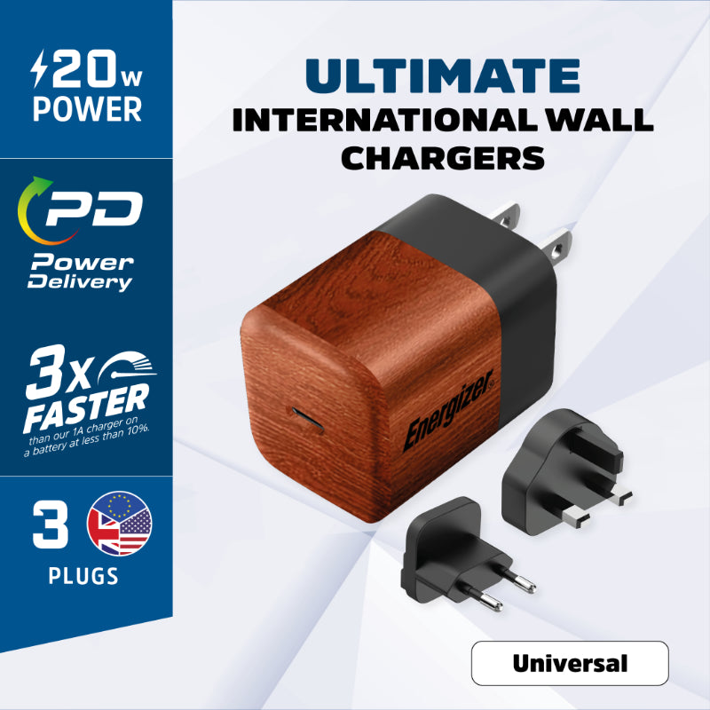 Energizer Ultimate – Multiplug EU/UK/US GaN 20W PD-Netzladegerät (Walnuss-Wurzelholz)