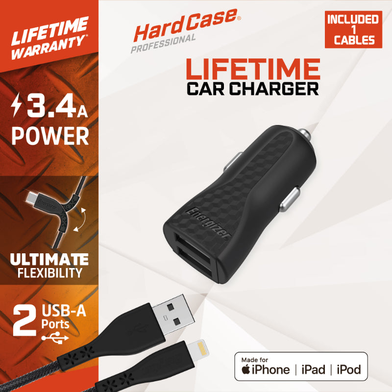 Energizer HardCase - Autolader 2x USB-A 17W 3.4A + MFi gecertificeerde Lightning-kabel (zwart)