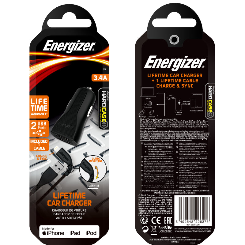 Energizer HardCase - Autolader 2x USB-A 17W 3.4A + MFi gecertificeerde Lightning-kabel (zwart)