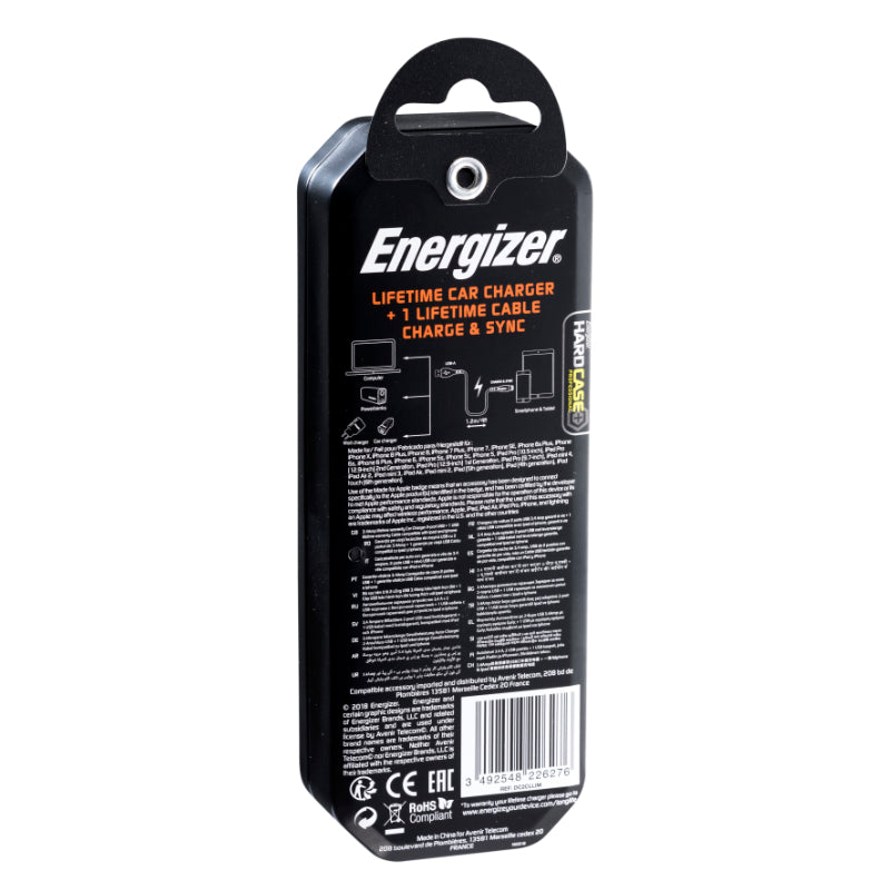 Energizer HardCase - Autolader 2x USB-A 17W 3.4A + MFi gecertificeerde Lightning-kabel (zwart)