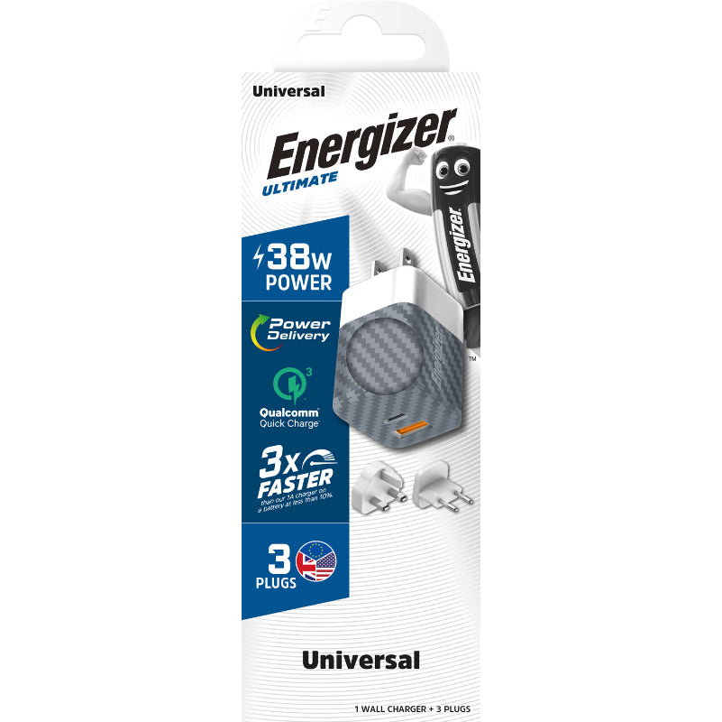 Energizer Ultimate – Multiplug EU/UK/US-Netzladegerät GaN 38 W PD + QC3.0 (Silber)