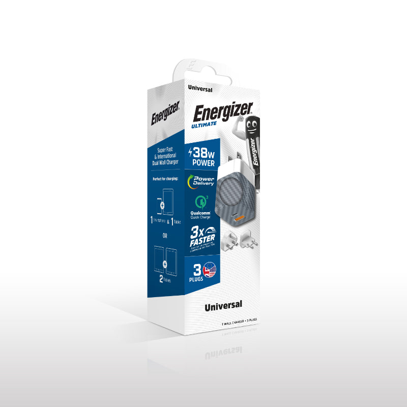 Energizer Ultimate – Multiplug EU/UK/US-Netzladegerät GaN 38 W PD + QC3.0 (Silber)