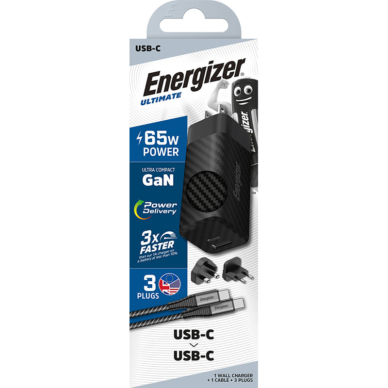 Energizer Ultimate – Multiplug EU/UK/US GaN USB-C &amp; USB-A 65W PD-Netzladegerät + USB-C-Kabel (Schwarz)