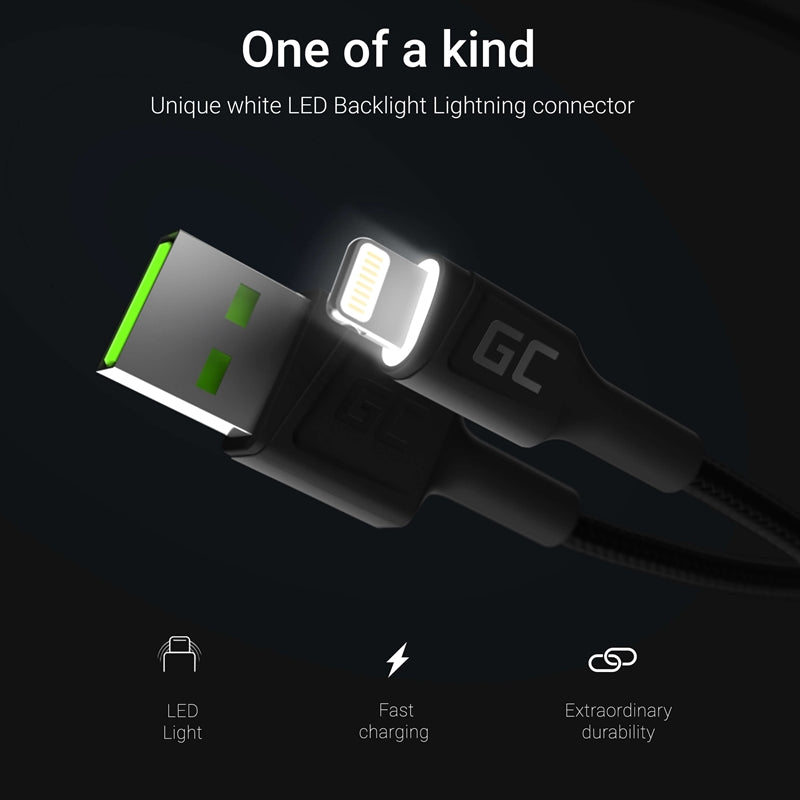 Kabel Green Cell Ray USB-A – Lightning White LED 120 cm mit Unterstützung für Apple 2,4 A Schnellladung