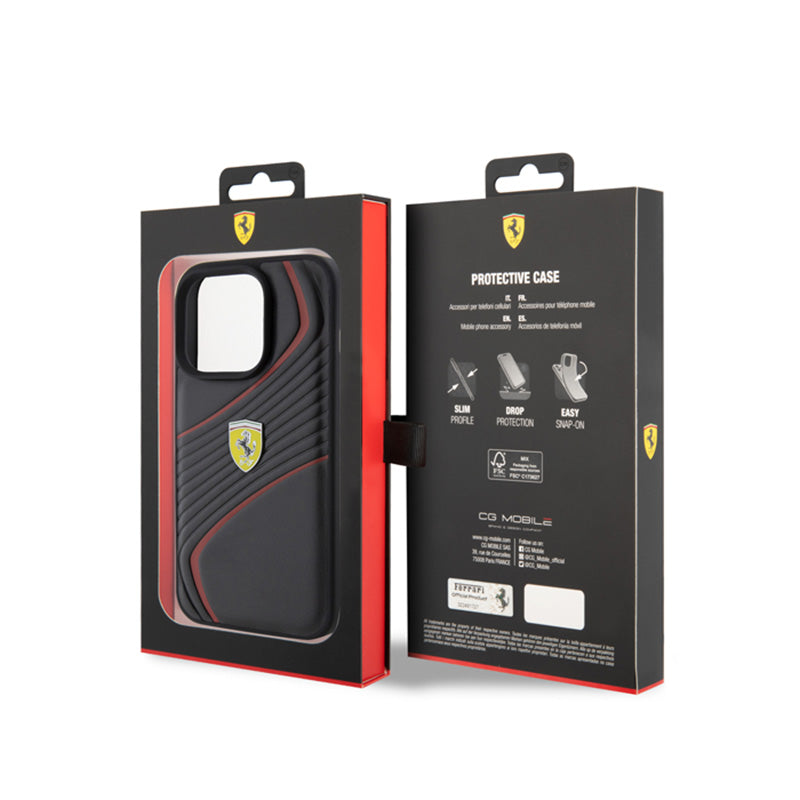 Ferrari Twist Metal-logo - hoesje voor iPhone 15 Pro (zwart)