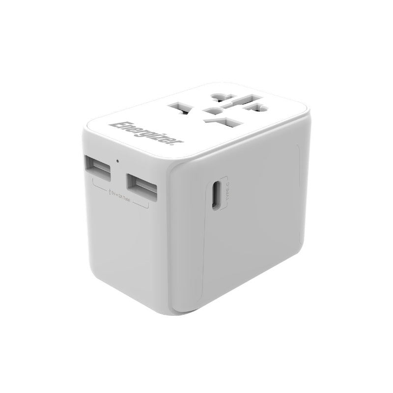 Energizer Ultimate – EU-/US-/AU-/UK-Reiseadapter + 2x USB-A und USB-C MFi-zertifiziert (weiß)