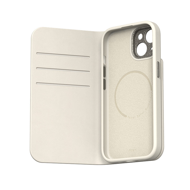 Moshi Overture MagSafe - Leren 3-in-1 hoesje met flipcover voor iPhone 15 (Eggnog White)