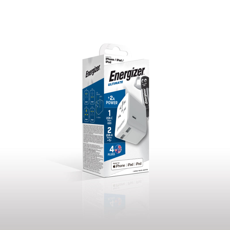 Energizer Ultimate – EU-/US-/AU-/UK-Reiseadapter + 2x USB-A und USB-C MFi-zertifiziert (weiß)