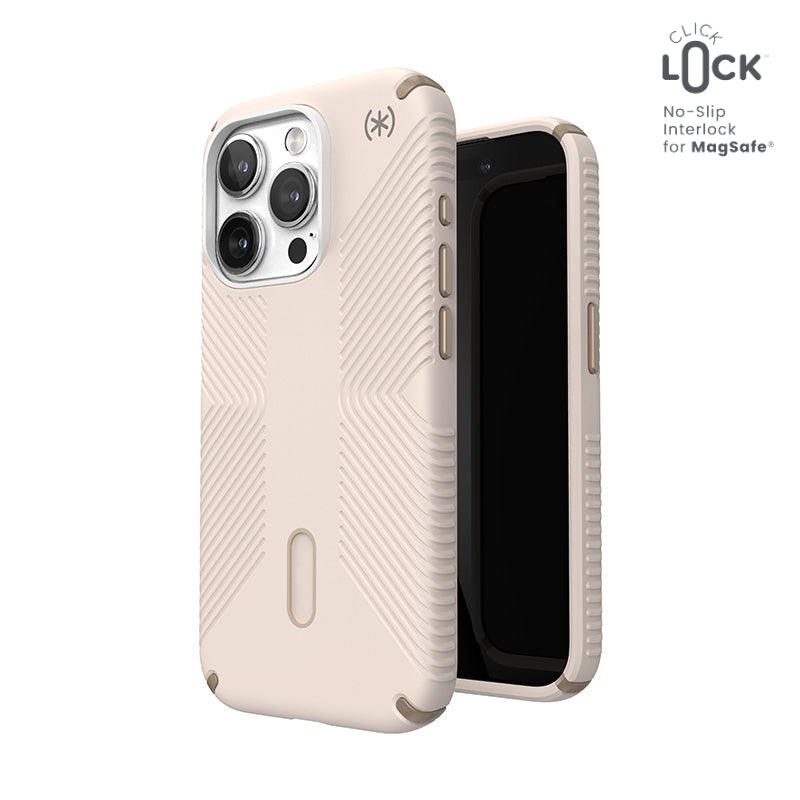 Speck Presidio2 Grip ClickLock &amp; Magsafe - hoesje voor iPhone 15 Pro (gebleekt bot / erfstuk goud / hazelnootbruin)