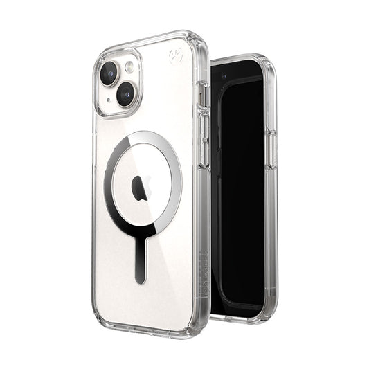 Speck Presidio Perfect-Clear MagSafe - Case for iPhone 15 / iPhone 14 / iPhone 13 (Clear / Chrome Finish / Serene Silver)