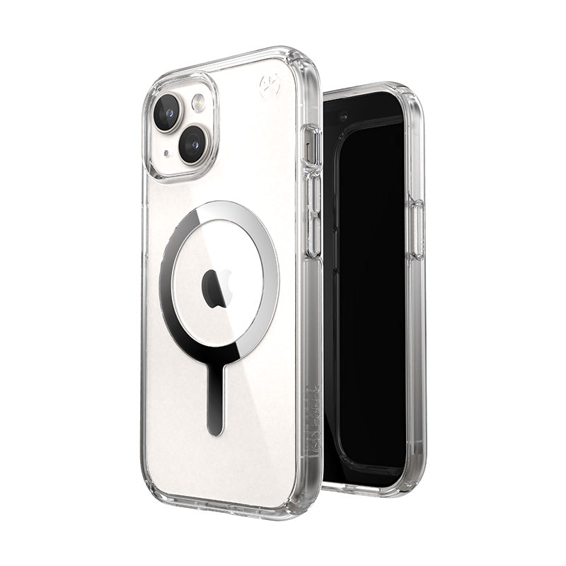 Speck Presidio Perfect-Clear MagSafe - Case for iPhone 15 / iPhone 14 / iPhone 13 (Clear / Chrome Finish / Serene Silver)