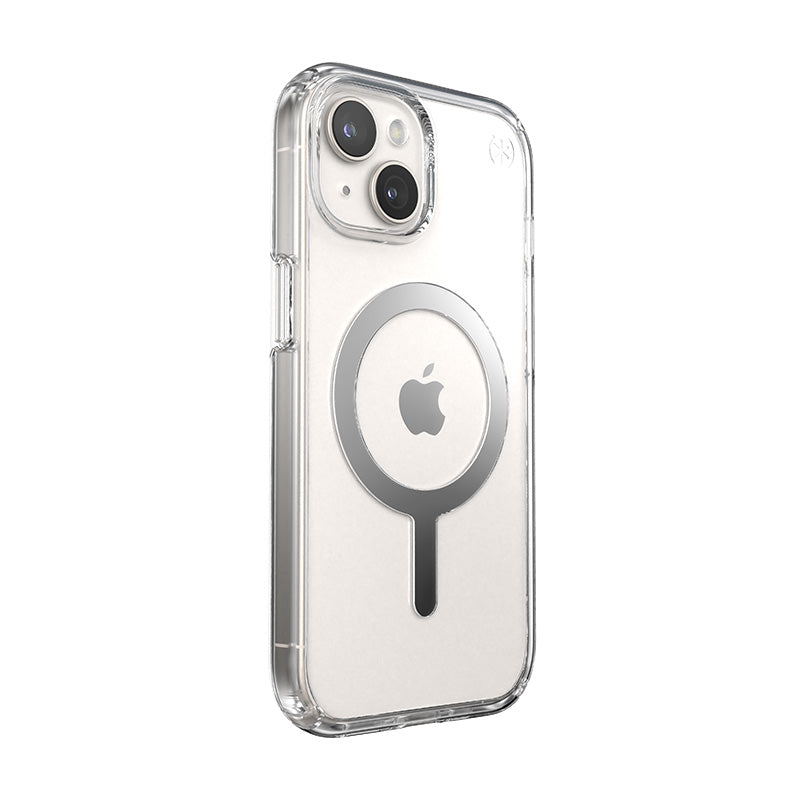 Speck Presidio Perfect-Clear MagSafe - Case for iPhone 15 / iPhone 14 / iPhone 13 (Clear / Chrome Finish / Serene Silver)