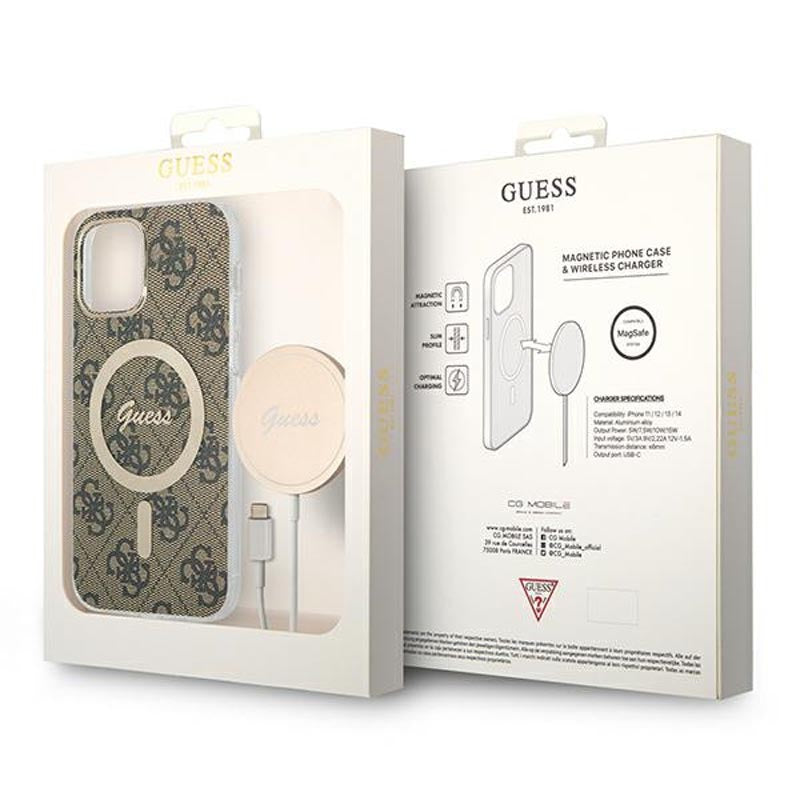 Guess Bundle Pack MagSafe 4G - Set hoesje voor iPhone 12 / iPhone 12 Pro + MagSafe oplader (Bruin/Goud)