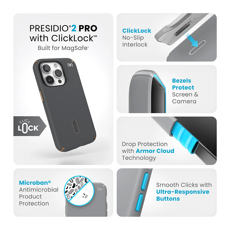 Speck Presidio2 Pro ClickLock & MagSafe - Case for iPhone 15 Pro (Charcoal Grey/Cool Bronze)