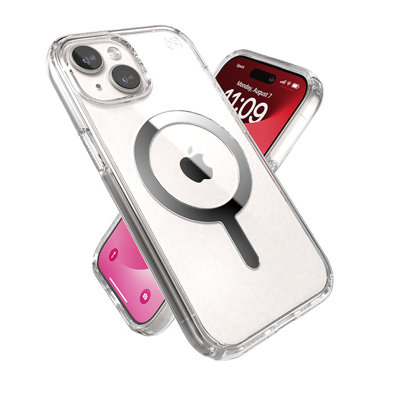 Speck Presidio Perfect-Clear MagSafe - Case for iPhone 15 / iPhone 14 / iPhone 13 (Clear / Chrome Finish / Serene Silver)