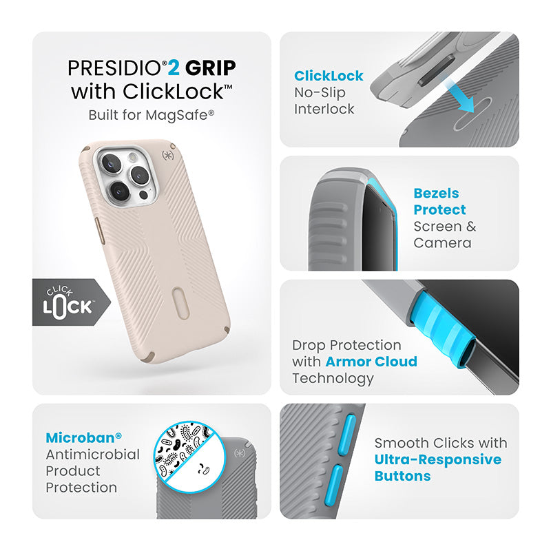 Speck Presidio2 Grip ClickLock &amp; Magsafe - hoesje voor iPhone 15 Pro (gebleekt bot / erfstuk goud / hazelnootbruin)