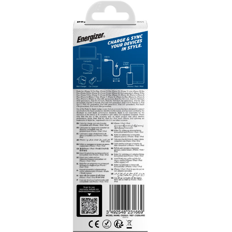 Energizer Ultimate - USB-A naar Lightning verbindingskabel MFi gecertificeerd 2m (Rood)