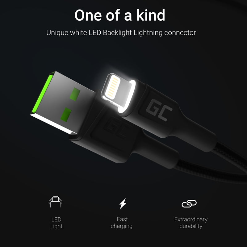 Cable Green Cell Ray USB-A - Lightning White LED 200cm with support for Apple 2.4A fast charging