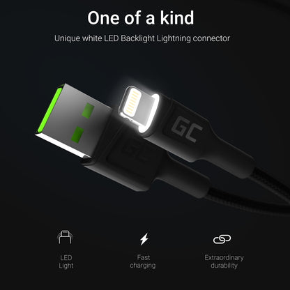 Kabel Green Cell Ray USB-A – Lightning White LED 200 cm mit Unterstützung für Apple 2,4 A Schnellladung