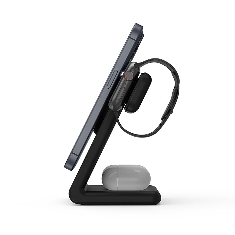 Crong MagSpot Pivot Stand - MagSafe-oplader voor iPhone, Apple Watch en AirPods (Shadow Black)