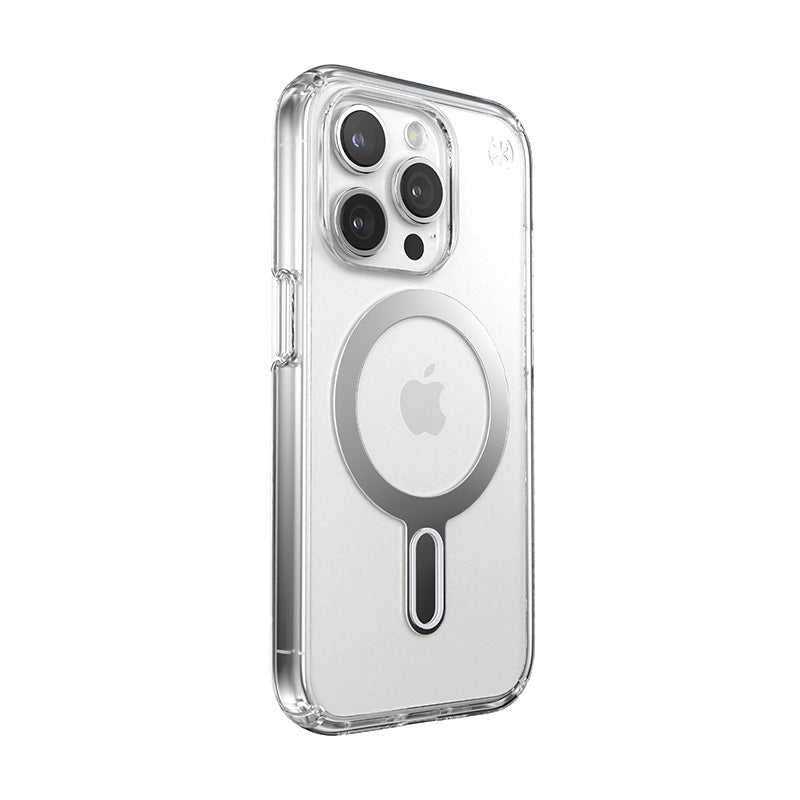 Speck Presidio Perfect-Clear ClickLock & Magsafe - Case for iPhone 15 Pro (Clear / Chrome Finish / Serene Silver)