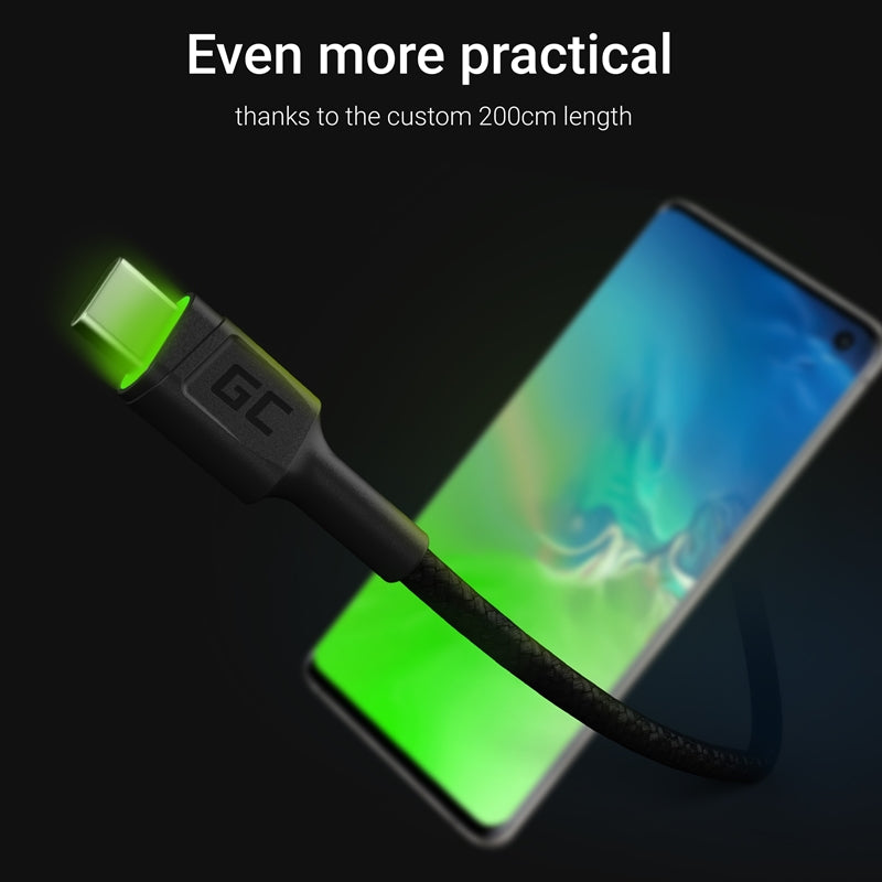 Kabel Green Cell Ray USB-A – USB-C grüne LED 200 cm mit Unterstützung für Ultra Charge QC3.0 Schnellladung