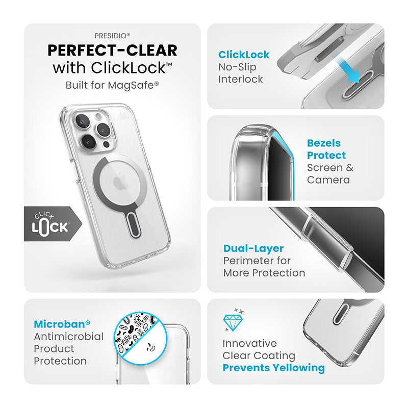 Speck Presidio Perfect-Clear ClickLock & Magsafe - Case for iPhone 15 Pro (Clear / Chrome Finish / Serene Silver)