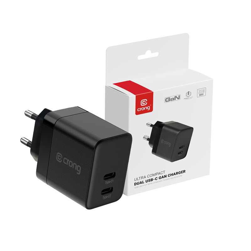 Crong Ultra Compact GaN - Wandladegerät 2x USB-C Power Delivery 35W (Schwarz)