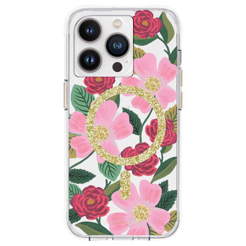 Rifle Paper Clear MagSafe - Case decorated in gold for iPhone 14 Pro (Rose Garden)