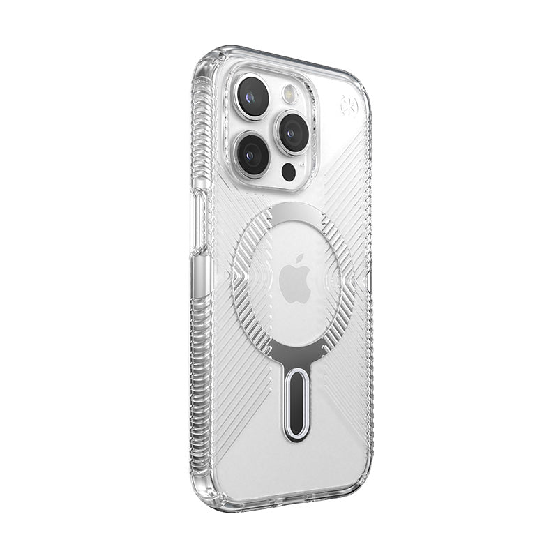 Speck Presidio Perfect-Clear Grip ClickLock & Magsafe - Case for iPhone 15 Pro (Clear / Chrome Finish / Serene Silver)