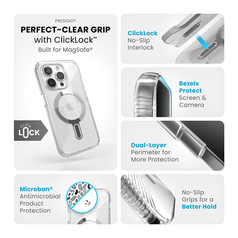 Speck Presidio Perfect-Clear Grip ClickLock & Magsafe - Case for iPhone 15 Pro (Clear / Chrome Finish / Serene Silver)