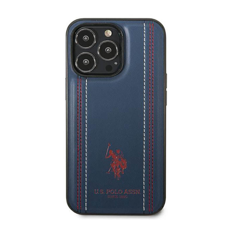 US Polo Assn Leather Stitch - Case voor iPhone 14 Pro (Marineblauw)