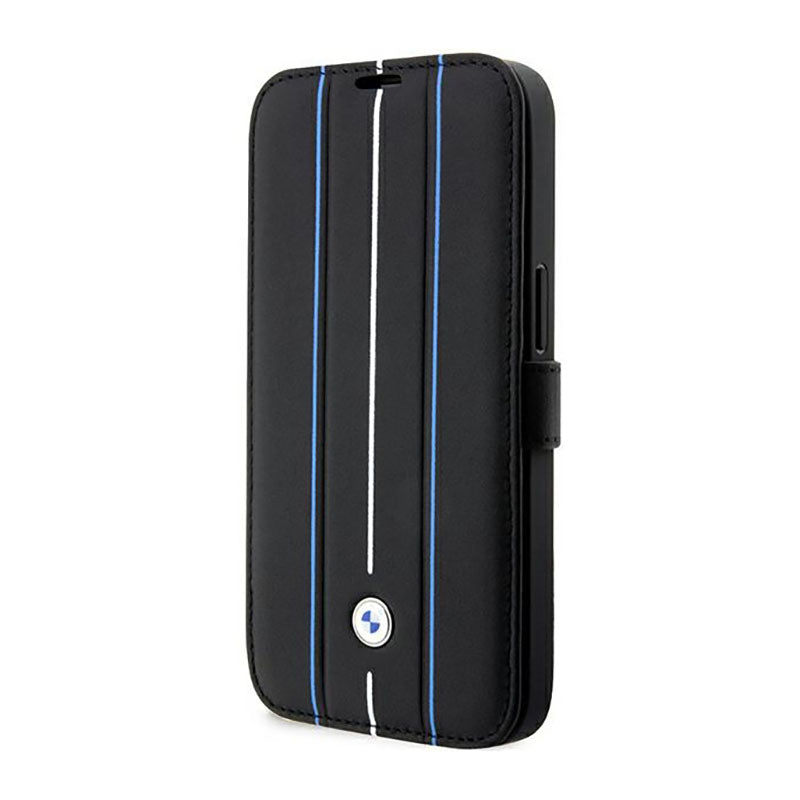 BMW Booktype Leather Stamp Blue Lines - Case for iPhone 14 Pro (Black)