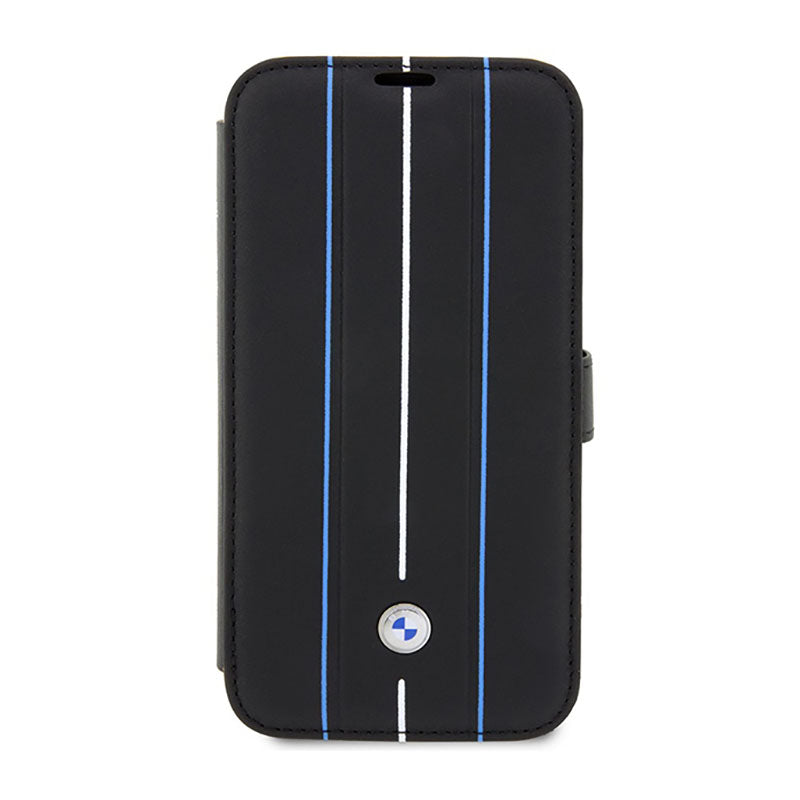 BMW Booktype Leather Stamp Blue Lines - Case for iPhone 14 Pro (Black)