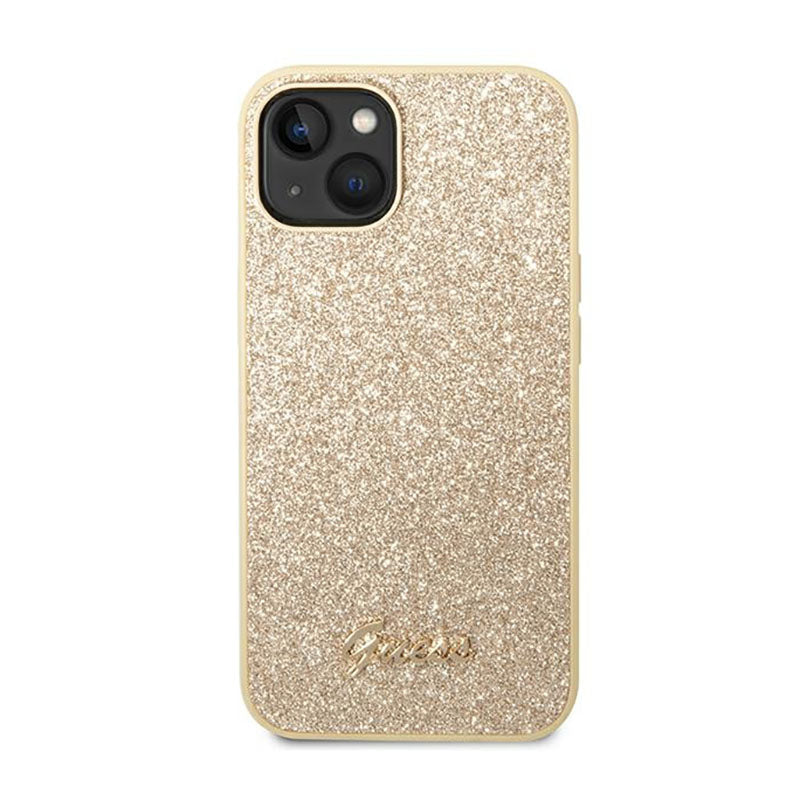 Guess Glitter Flakes Metal Logo-hoesje - hoesje voor iPhone 14 Plus (goud)