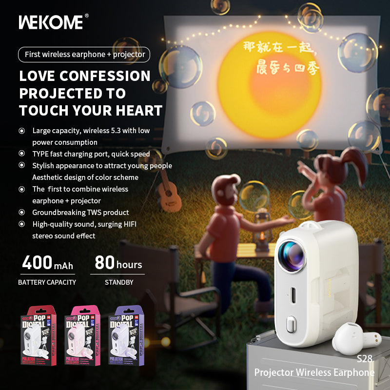 WEKOME S28 Pop Digital Series - Bluetooth V5.3 TWS draadloze hoofdtelefoon met oplaadetui met projectorfunctie (wit)