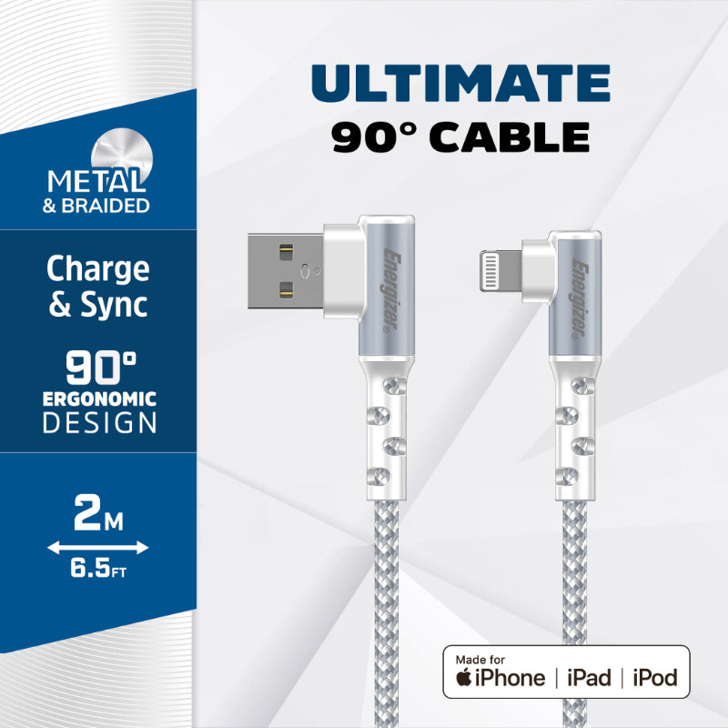 Energizer Ultimate – USB-A auf Lightning 90° MFi-zertifiziertes Gaming-Kabel 2 m (weiß)