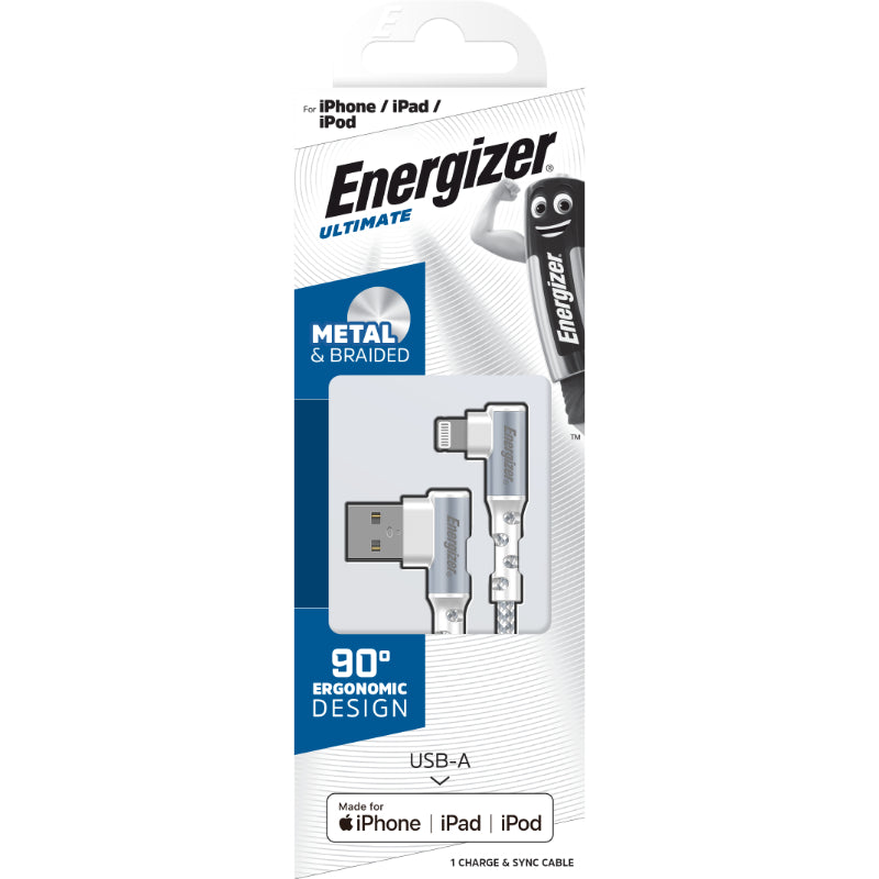 Energizer Ultimate – USB-A auf Lightning 90° MFi-zertifiziertes Gaming-Kabel 2 m (weiß)