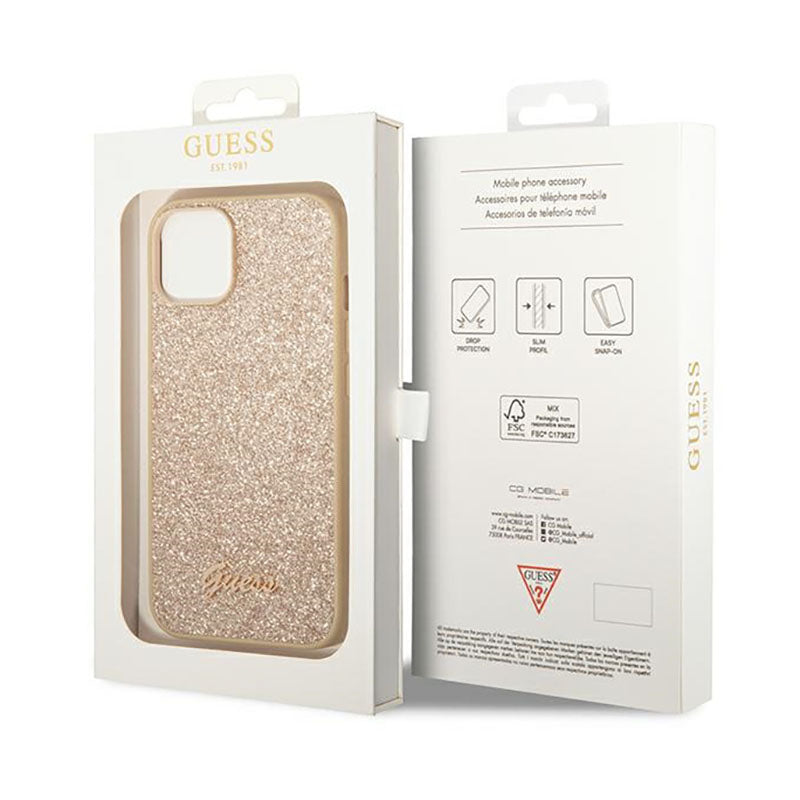 Guess Glitter Flakes Metal Logo-hoesje - hoesje voor iPhone 14 Plus (goud)