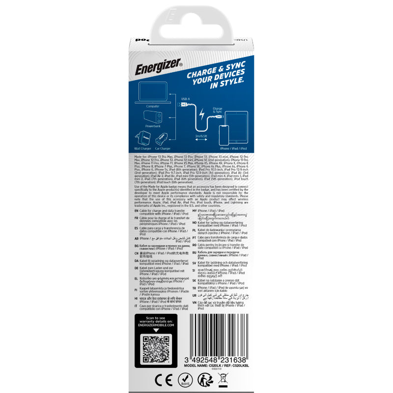 Energizer Ultimate – USB-A-auf-Lightning-Verbindungskabel MFi-zertifiziert, 2 m (blau)