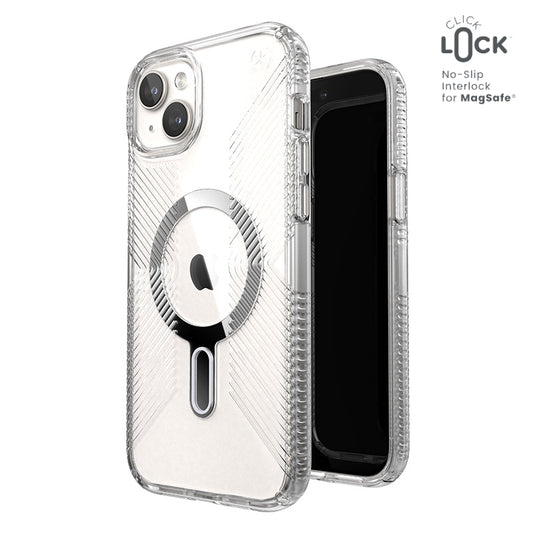 Speck Presidio Perfect-Clear Grip ClickLock & MagSafe - Case for iPhone 15 Plus / iPhone 14 Plus (Clear / Chrome Finish / Serene Silver)