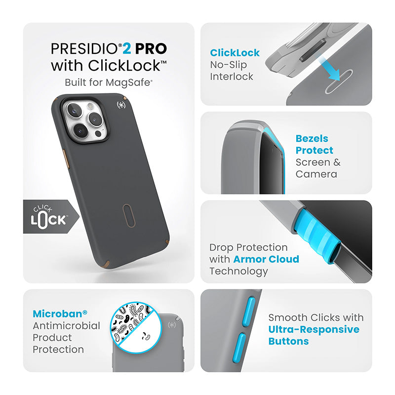 Speck Presidio2 Pro ClickLock & MagSafe - Case for iPhone 15 Pro Max (Charcoal Grey/Cool Bronze)