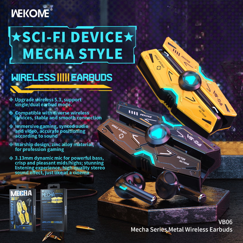 WEKOME VB06 Mecha-serie - Draadloze Bluetooth V5.3 TWS-hoofdtelefoon met oplaadetui (geel)