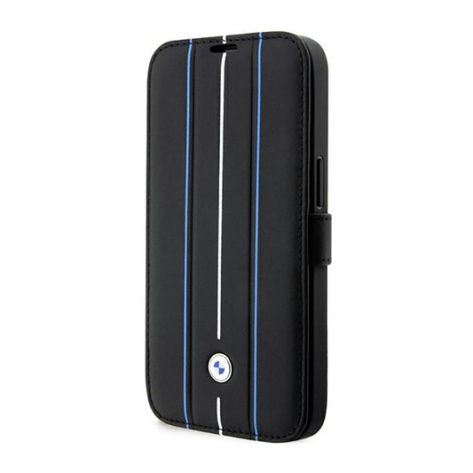 BMW Booktype Leder Stamp Blue Lines - Hülle für iPhone 14 Pro Max (Schwarz)