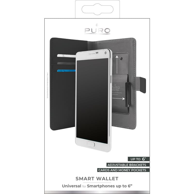 PURO Smart Wallet - Universele case met houder voor het maken van foto's met vakken voor kaarten en geld, maat XXL (zwart)