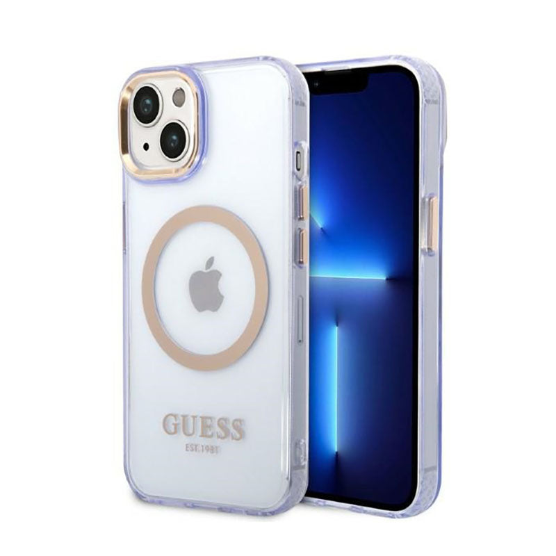 Guess Gold Outline Translucent MagSafe - Hülle für iPhone 14 (Lila)