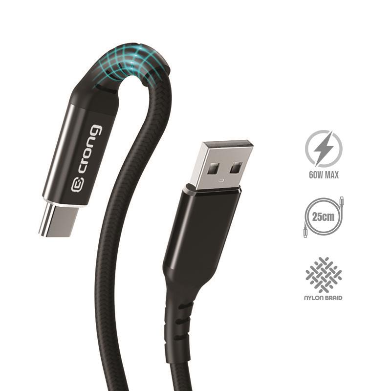 Crong Armor Link - USB-A to USB-C 60W 3A Braided Cable Fast Charging 25cm (Black)